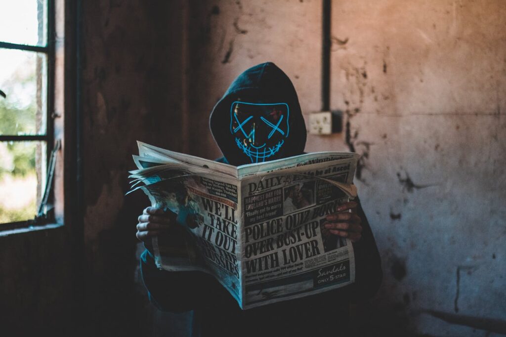 pexels-photo-2538121 A person in a neon mask and hoodie reads a newspaper in an eerie, abandoned room.